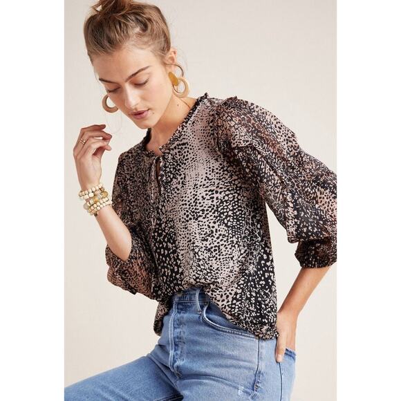MAEVE Anthropologie JACQUIN PEASANT Animal Print shimmer Viscose Blouse Size XS - Picture 1 of 12
